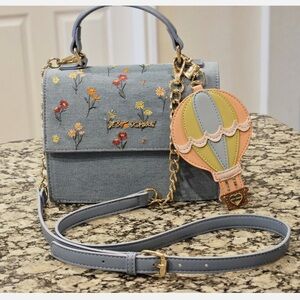 Betsey Johnson Denim Floral Crossbody Bag Hot Air Balloon Charm NWT